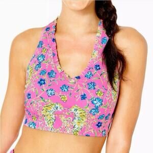 Lilly Pulitzer Tiger Floral Halter Sports Bra Crop Top Pink Sz Small Resortcore